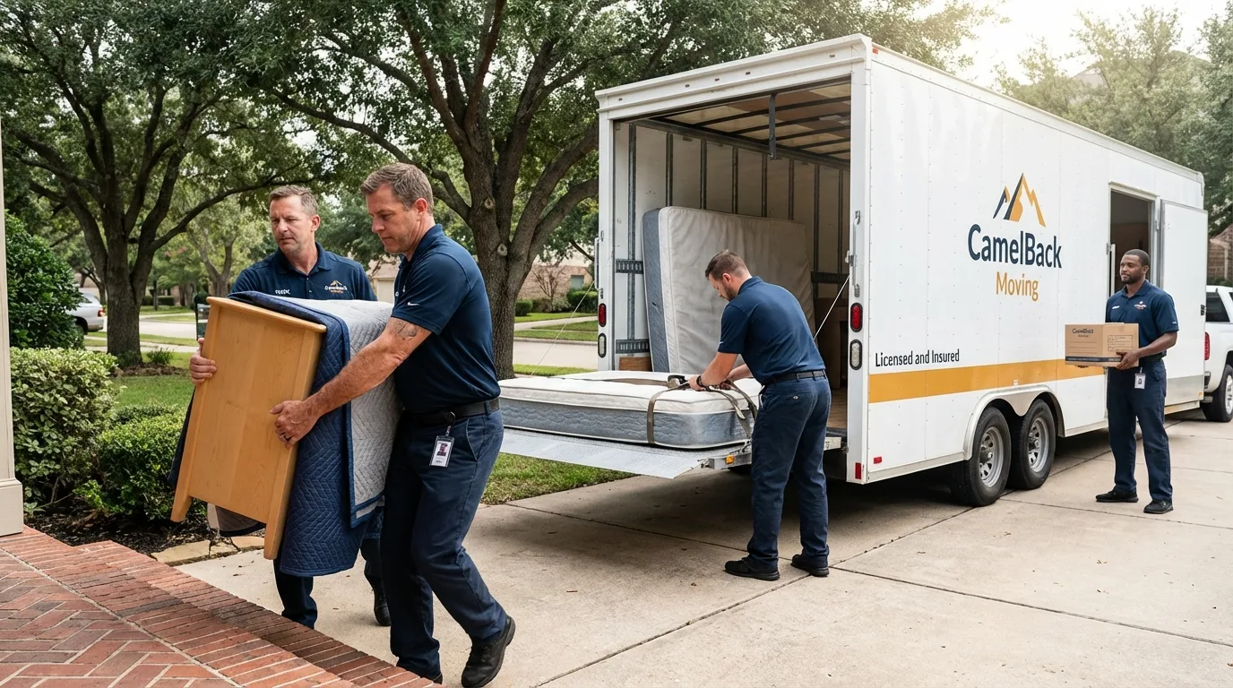 Crew loading residential truck for cross-state move from Fillmore, CA