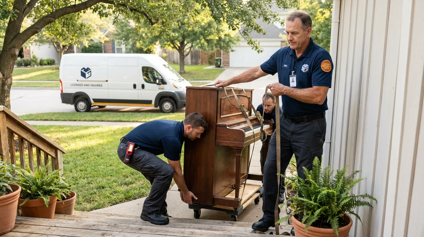 Licensed piano movers securing grand piano in Fillmore, CA