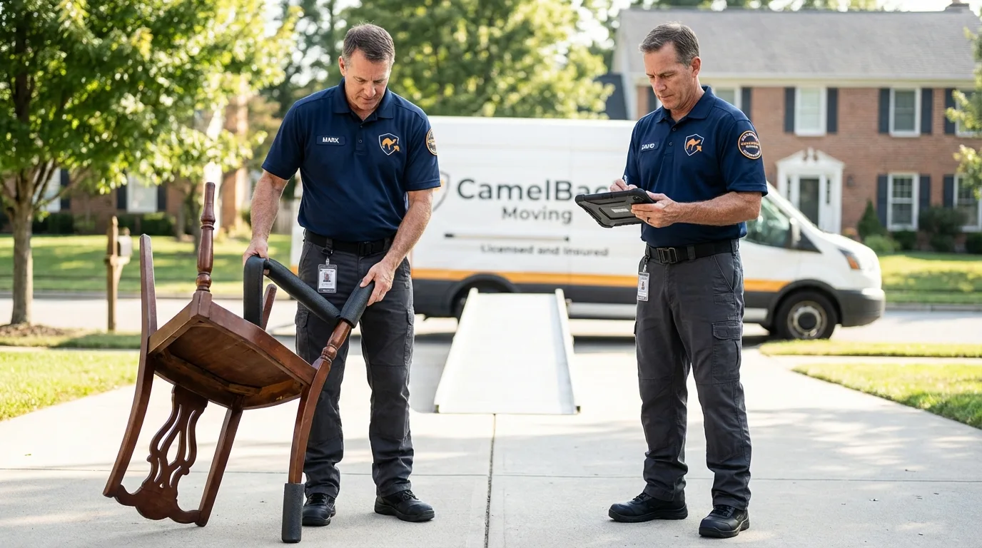 Movers inspecting furniture for damage prevention before loading in Fillmore, CA